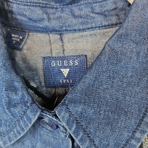 Guess Button Up Sleeveless Tunic Womens Size S Blue Chambray Beaded Lace Lyocell - Picture 3 of 9